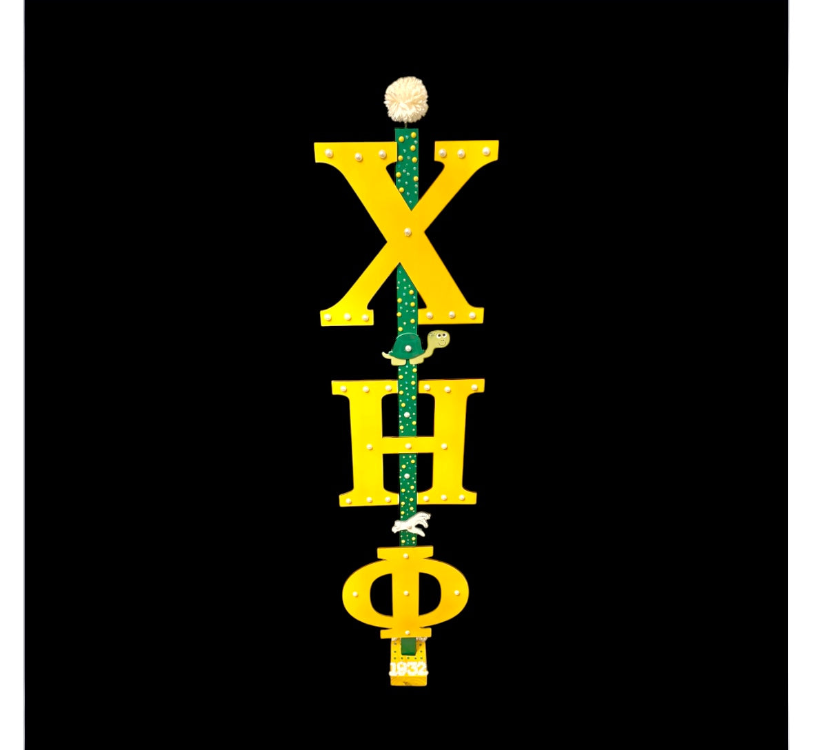 Greek letters sorority inspired Green and Yellow Staff Rod