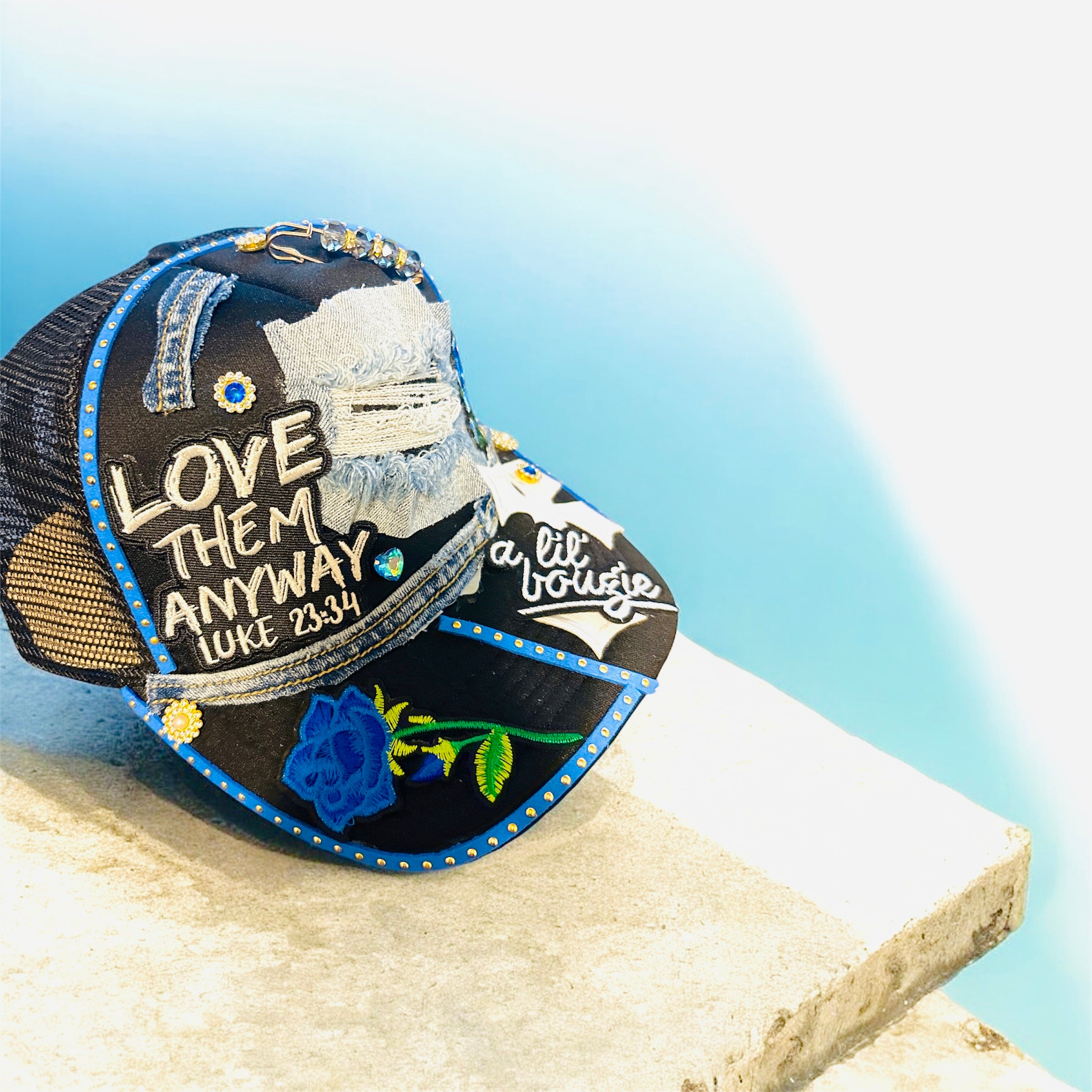 Ladies wear you faith boldly with this denim and bougie cap