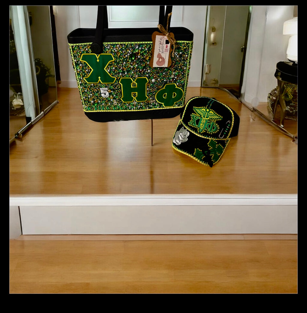 Baby bogg tote set Greek inspired with green and yellow women cap