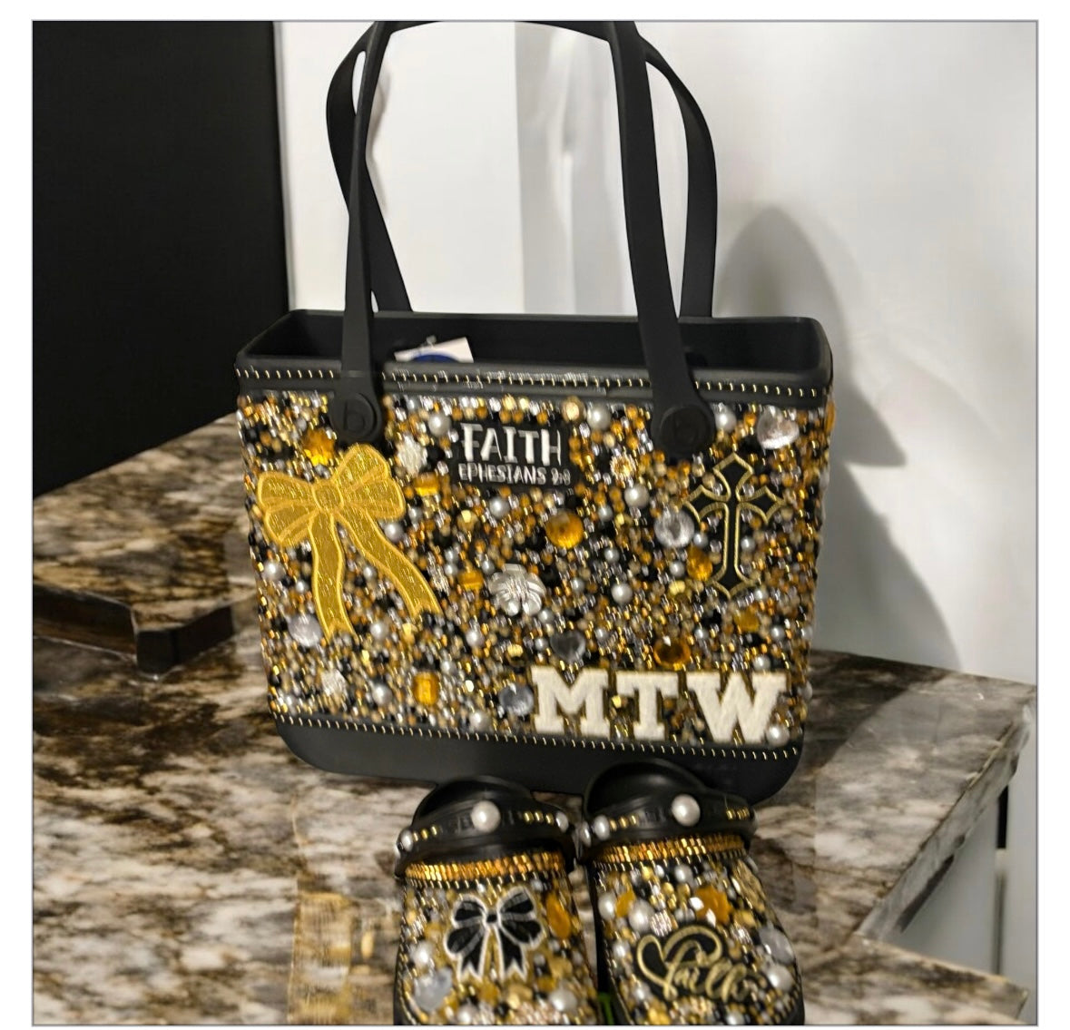 Custom Black and Gold Baby Bogg Tote set