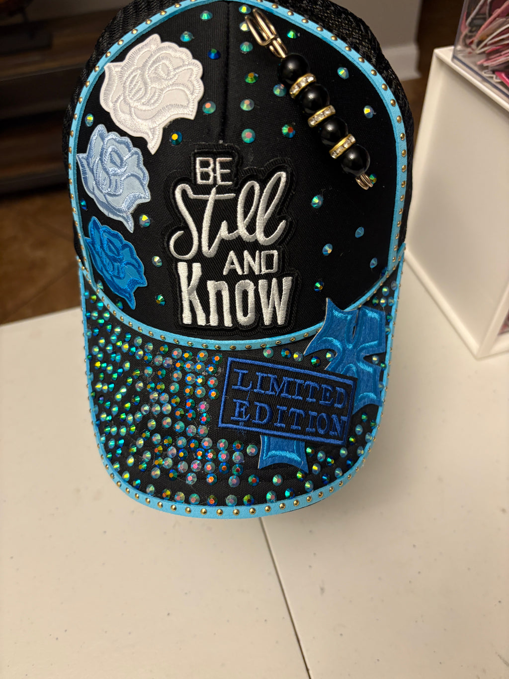 Custom women cap blue and black wearing your faith out loud