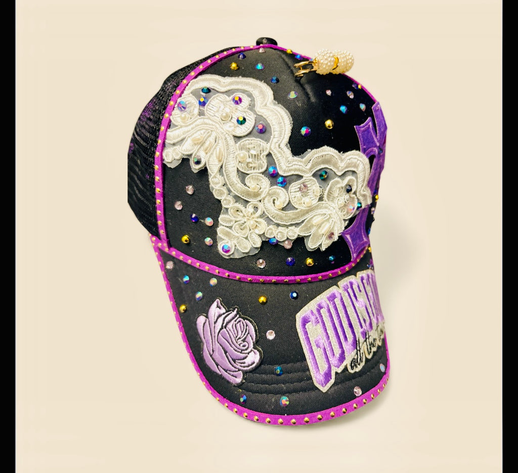 Custom Purple and black God is Good Women Bling Cap