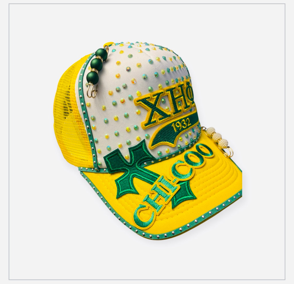 Green and yellow sorority inspired women cap