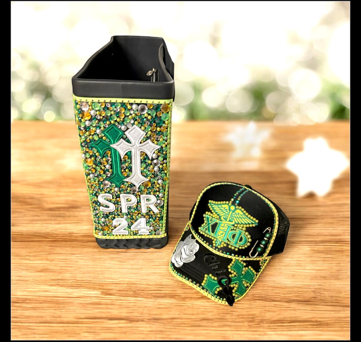 Baby bogg tote set Greek inspired with green and yellow women cap