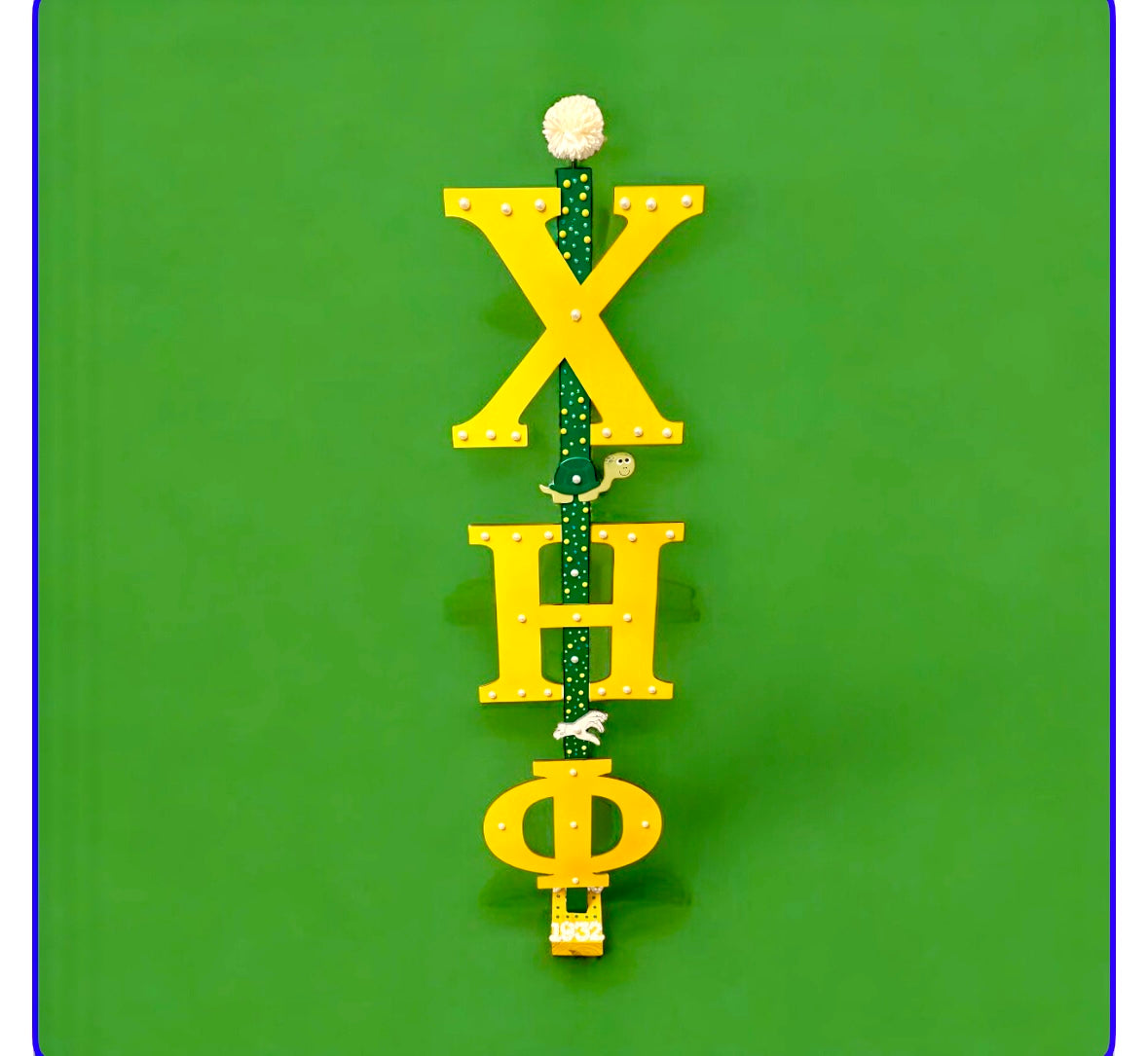 Greek letters sorority inspired Green and Yellow Staff Rod