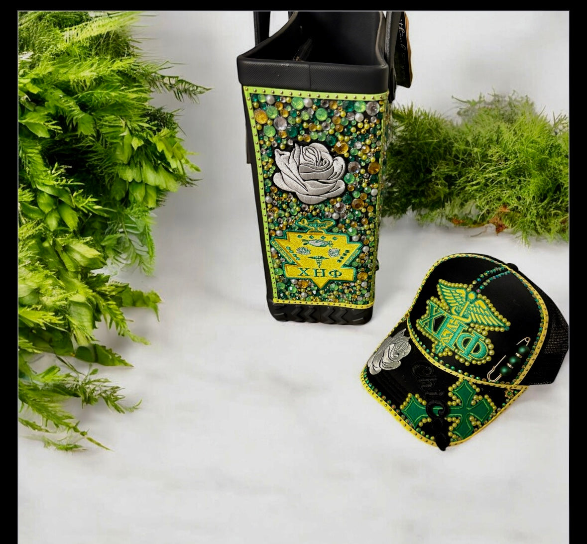 Baby bogg tote set Greek inspired with green and yellow women cap