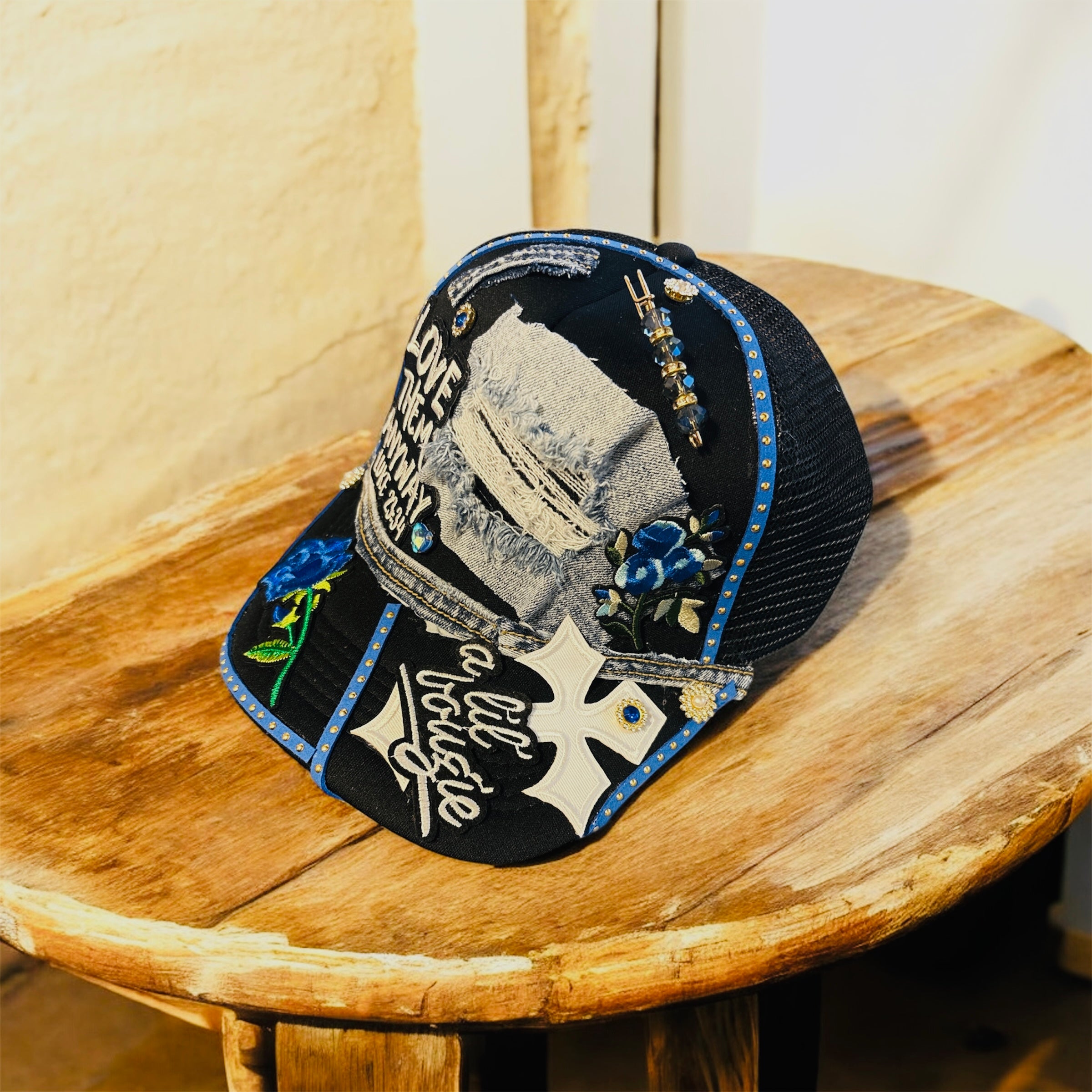 Ladies wear you faith boldly with this denim and bougie cap