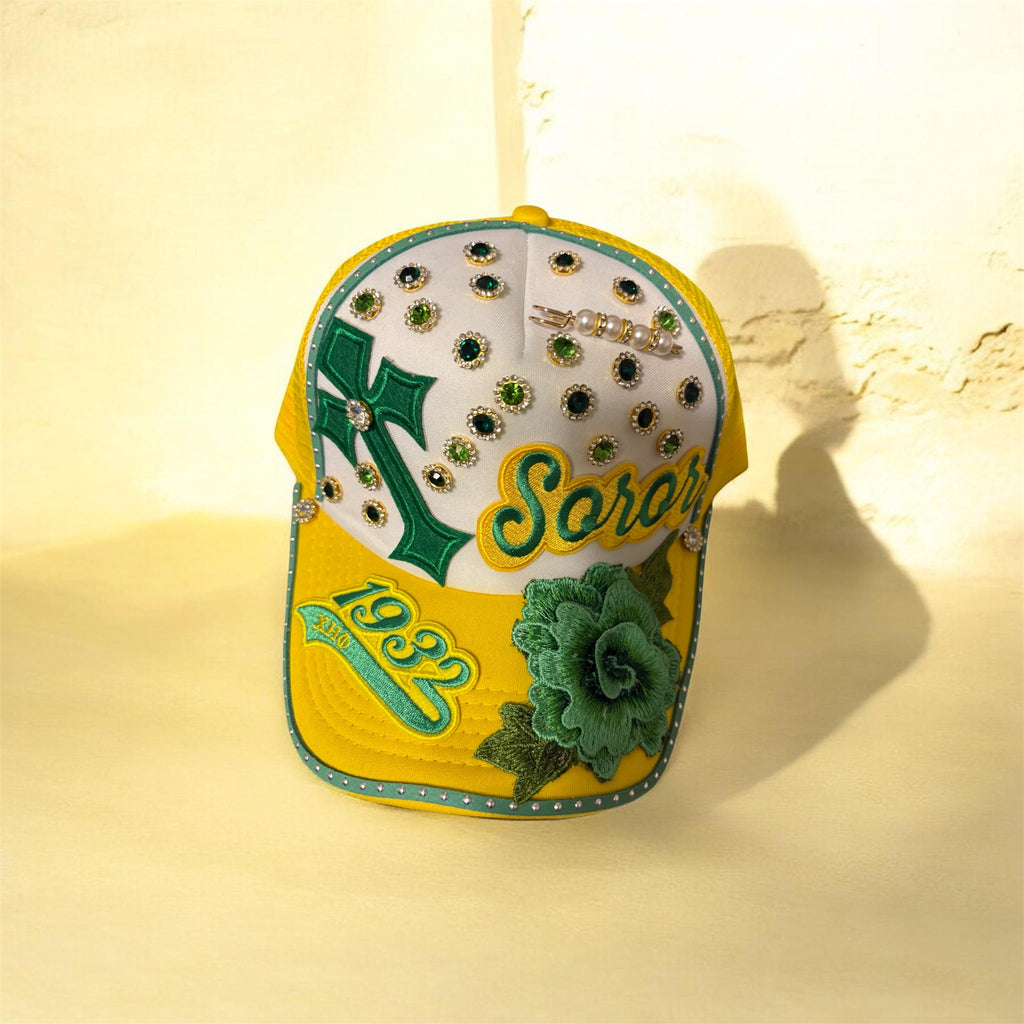 Women sorority inspired green and yellow cap