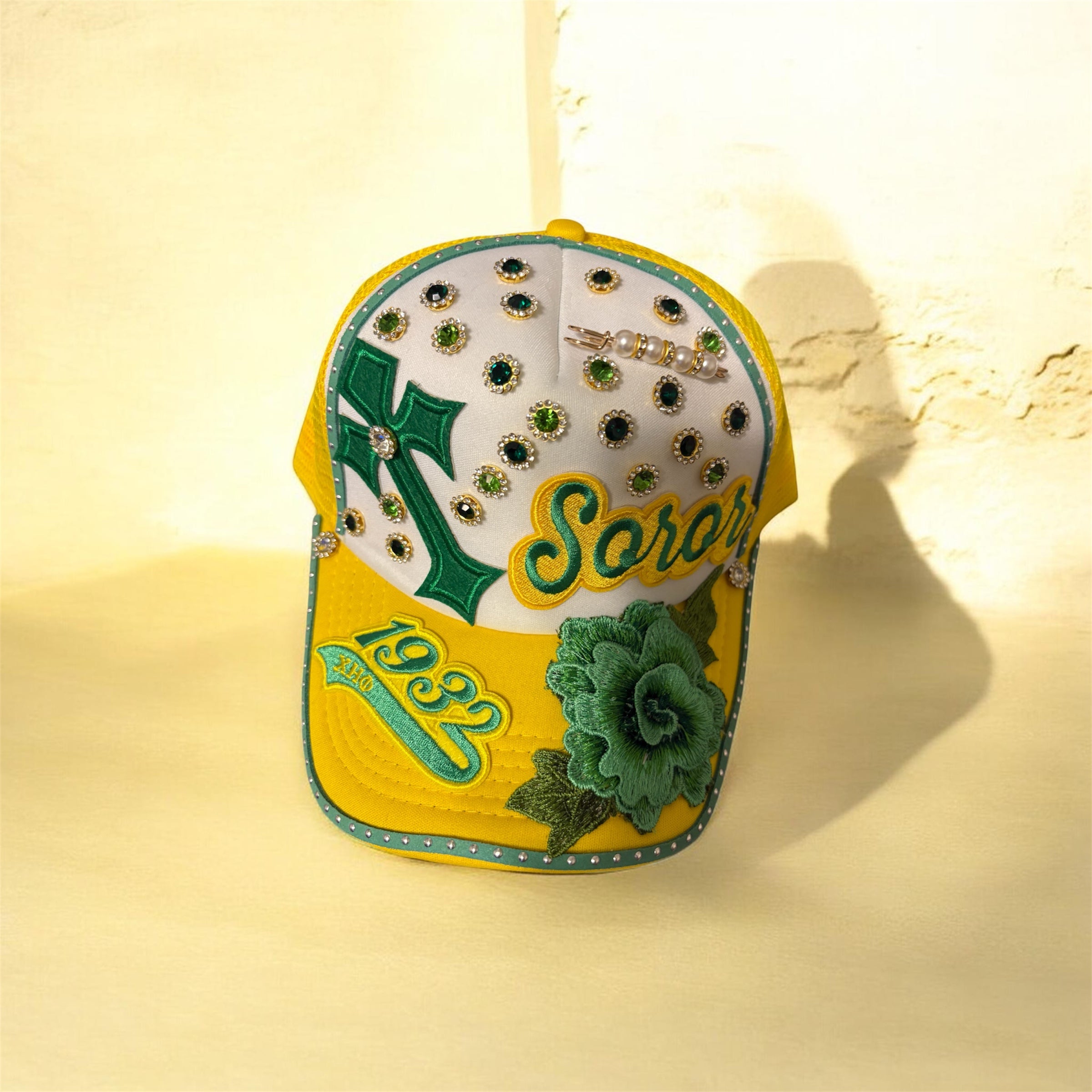 Women sorority inspired green and yellow cap