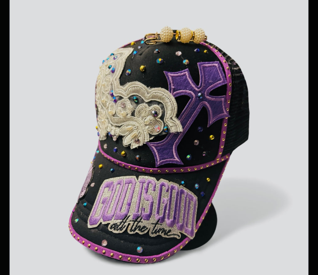 Custom Purple and black God is Good Women Bling Cap