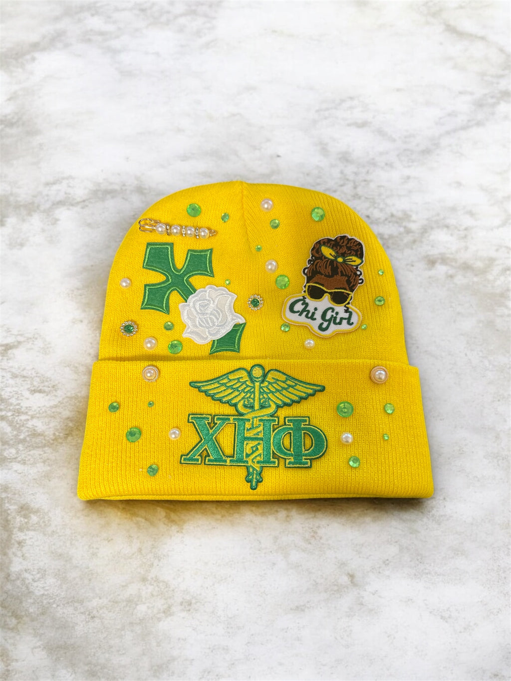 Sorority inspired satin lined cap with sorority patches and charms included💛💚