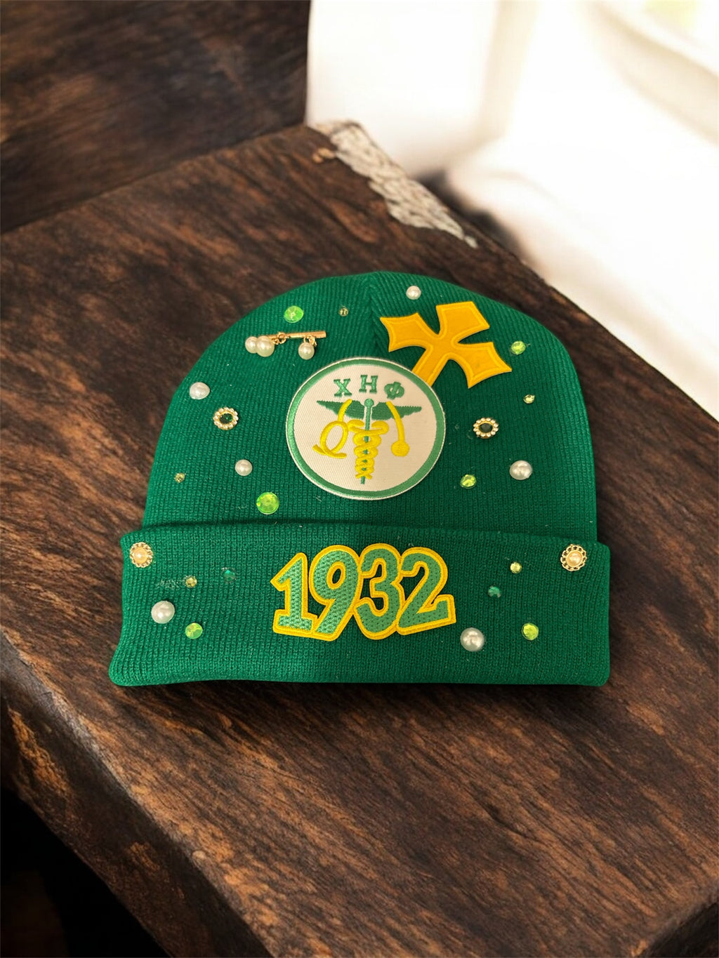 Custom Satin Lined Knit Green and yellow Sorority hat