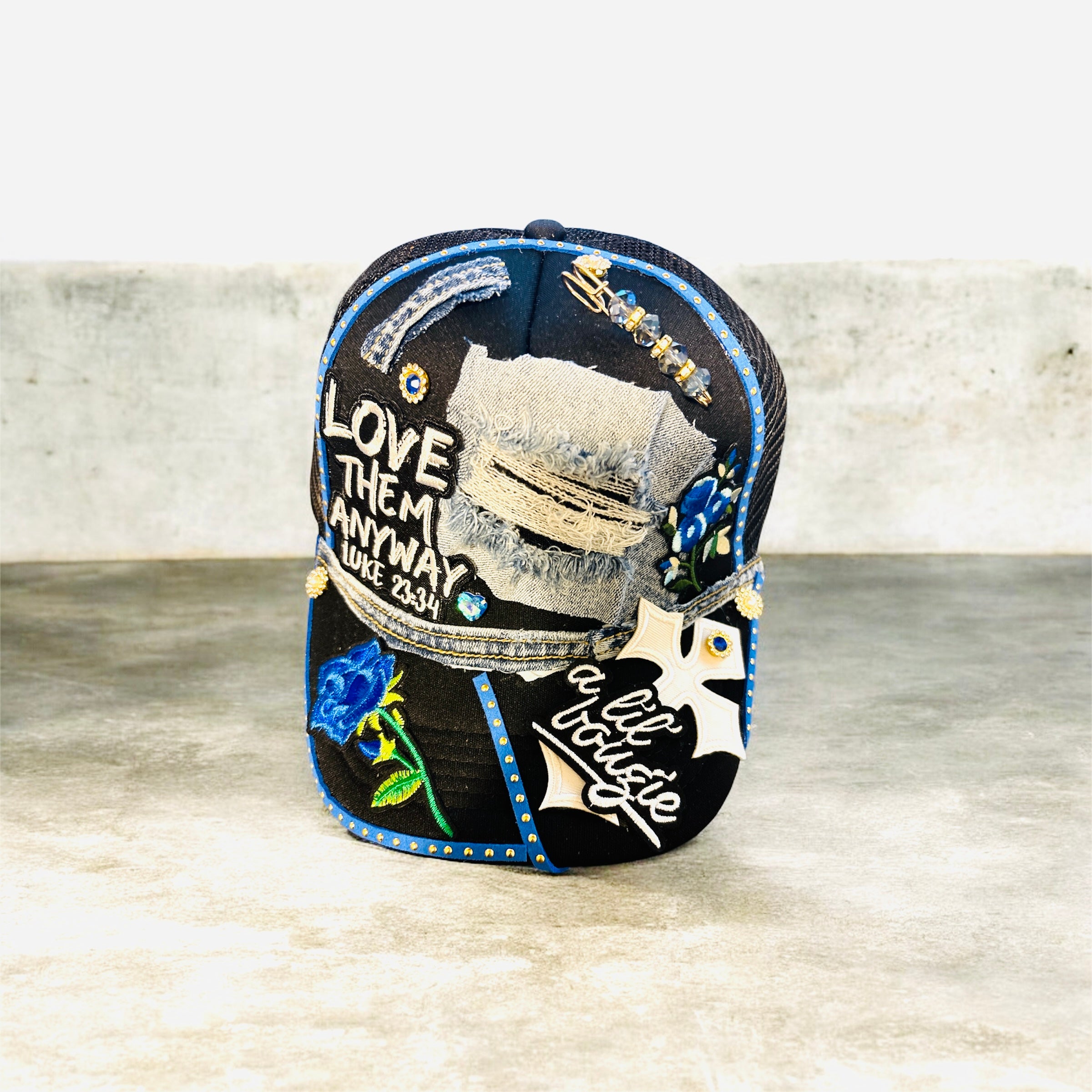 Ladies wear you faith boldly with this denim and bougie cap