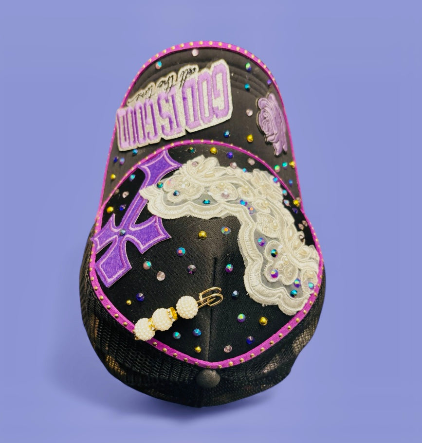 Custom Purple and black God is Good Women Bling Cap