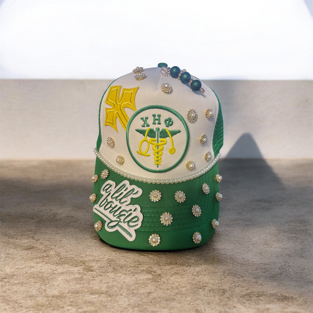 Custom green and yellow sorority cap