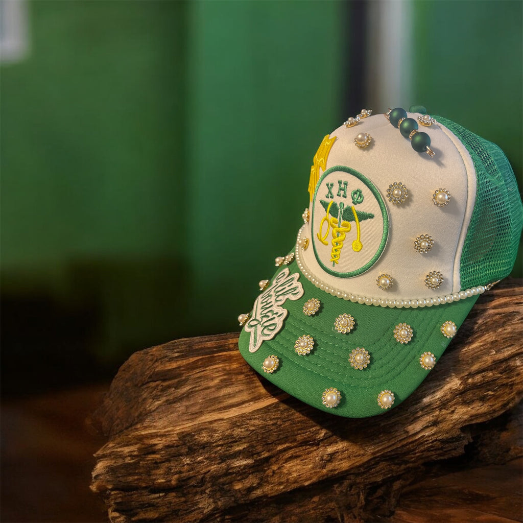 Custom green and yellow sorority cap