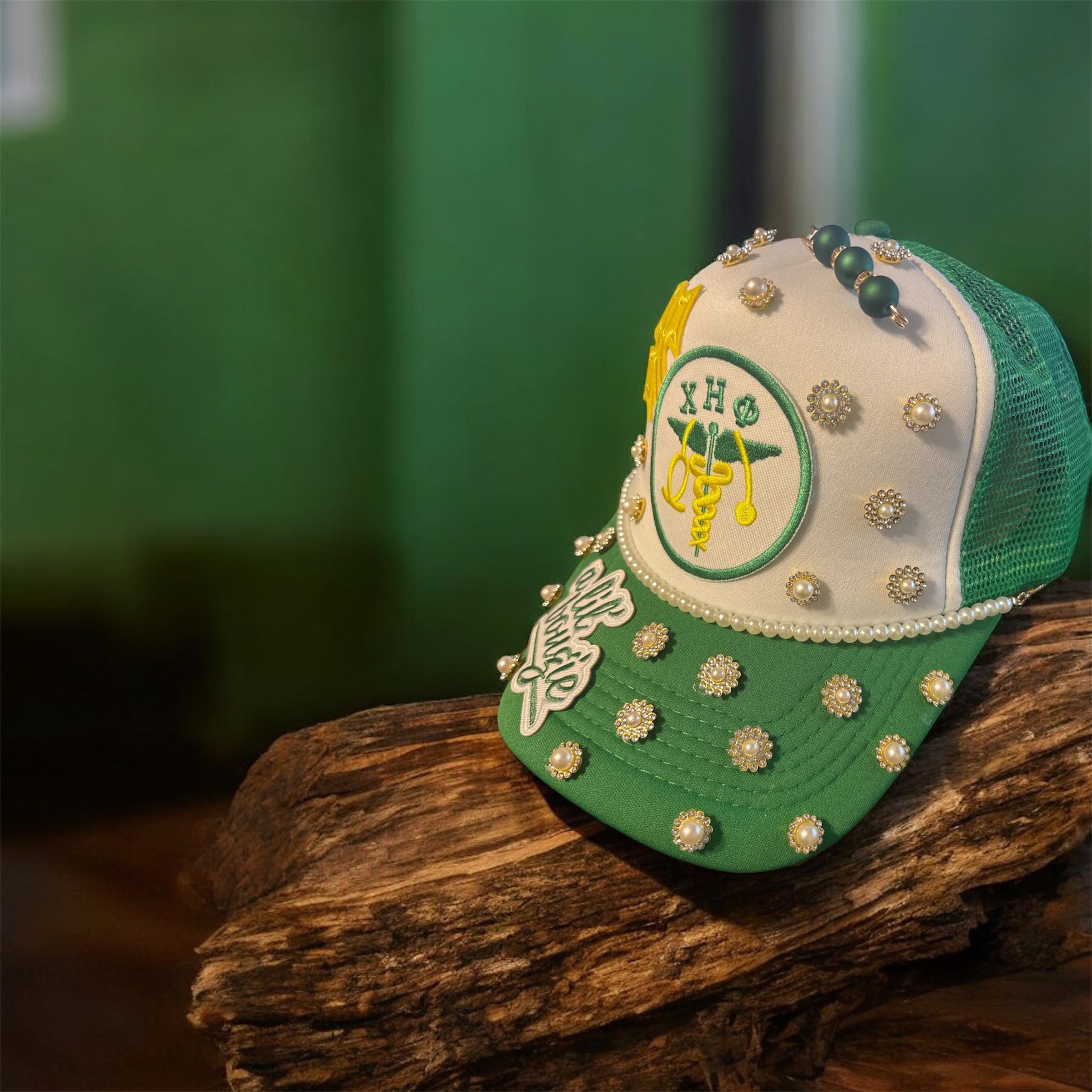 Custom green and yellow sorority cap
