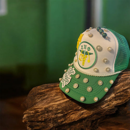 Custom green and yellow sorority cap