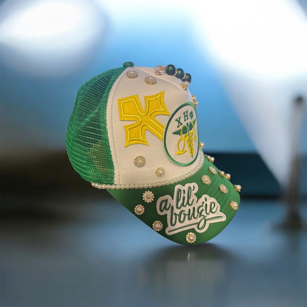 Custom green and yellow sorority cap