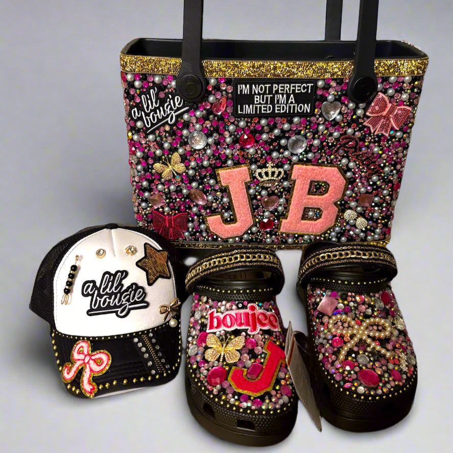 Handcrafted Bling set Baby Tote Bag, Crocs, and Bougie Hat