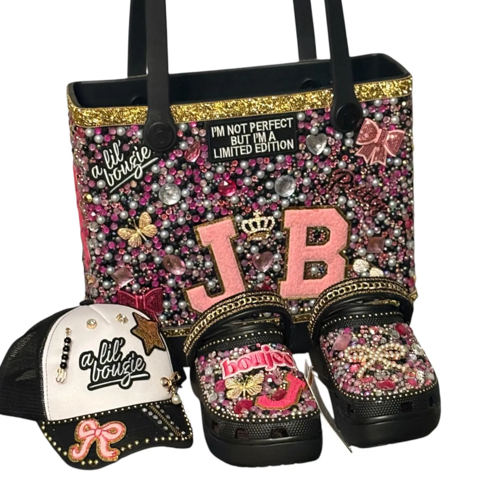 Handcrafted Bling set Baby Tote Bag, Crocs, and Bougie Hat